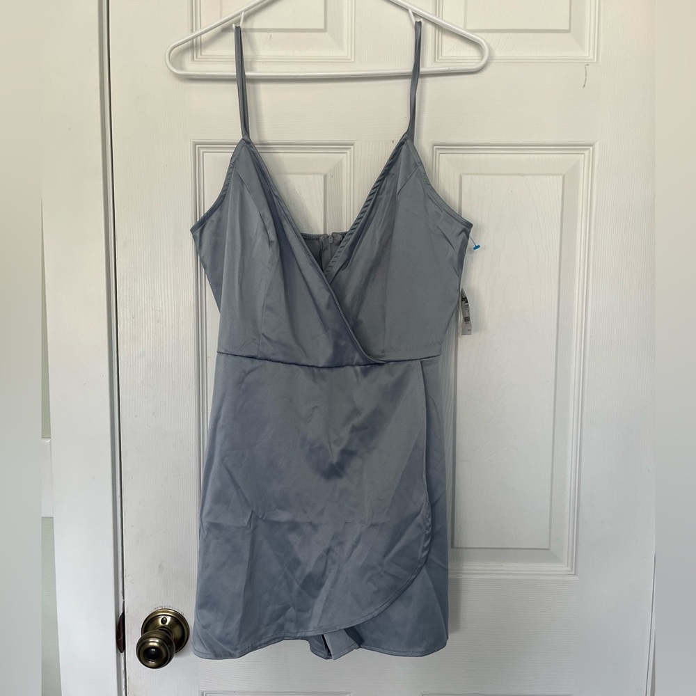 Silky gray/blue dress with shorts underneath